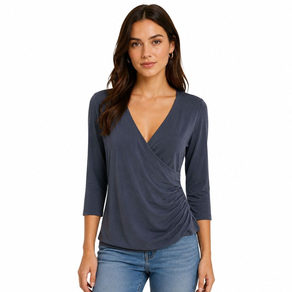 Soft Surroundings Shirt Womens Medium Blue Wrap V Neck 3/4 Sleeve Ruched Top